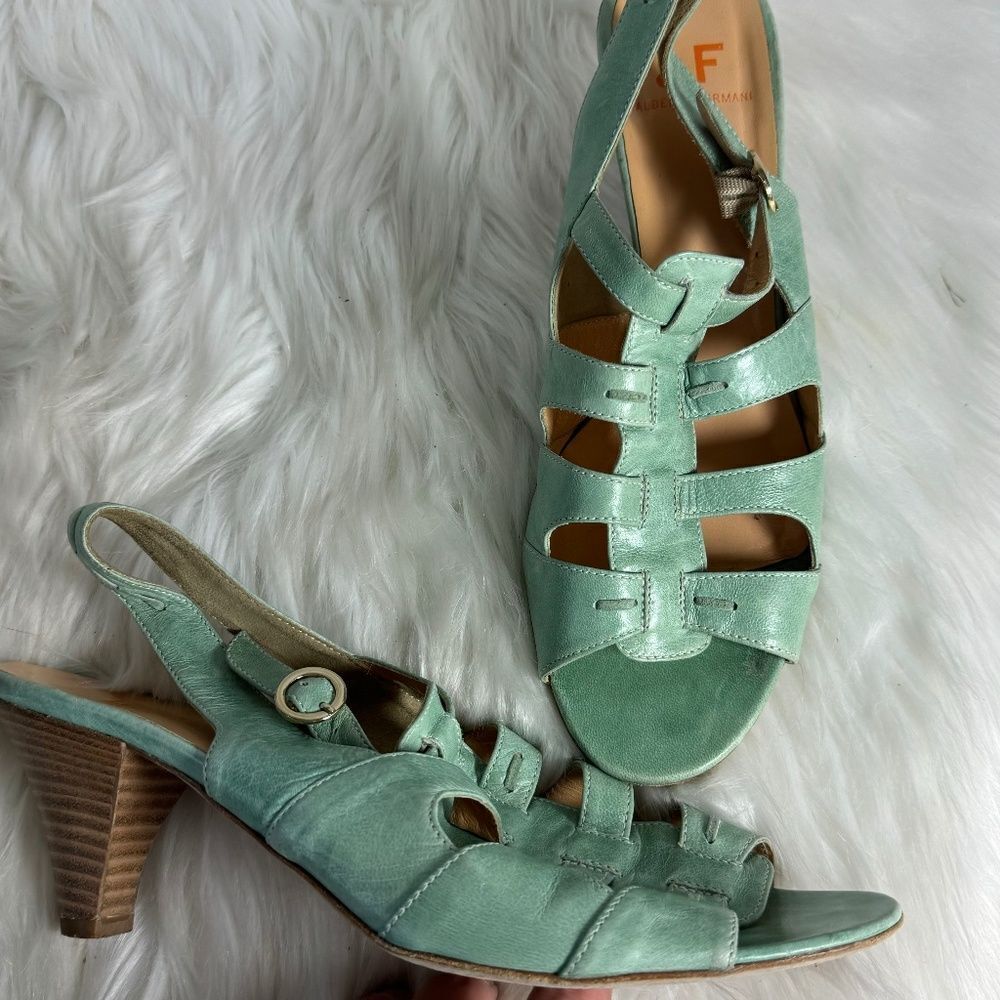 Alberto Fermani Mint Green Leather T-Strap Stack Heel‎ Slingbacks Sz 39.5/US 7.5